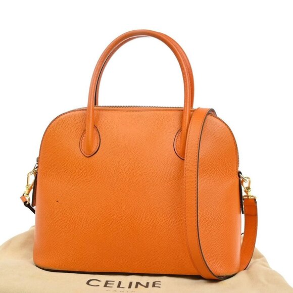 CELINE Logo 2Way Shoulder Hand Bag Leather Orange GHW Italy 33EE878 - Picture 1 of 16